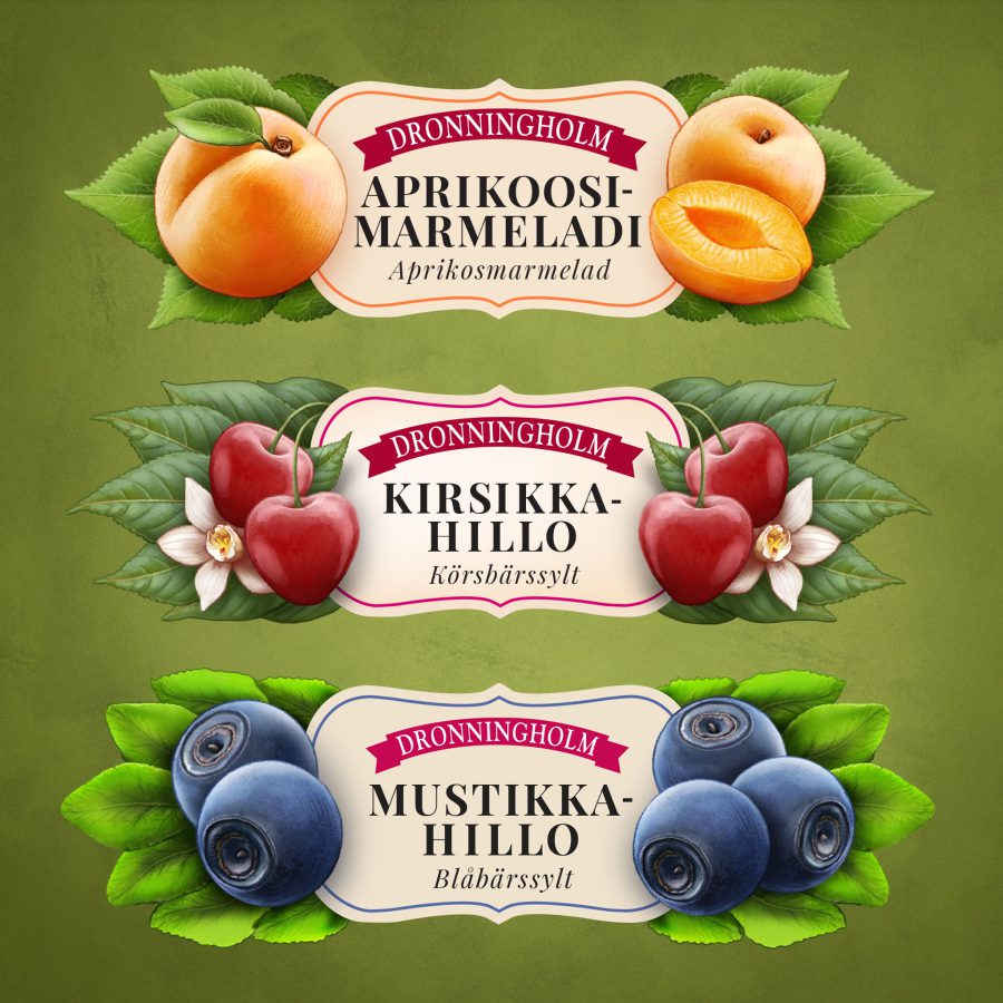 Dronningholm jams, labels for apricot, cherry and blueberry jam