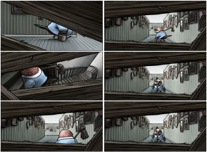 Jaybird comic, a spread from the book, a watcher in the walls