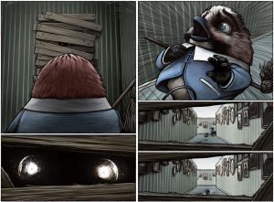 Jaybird comic, a spread from the book, intruder detected