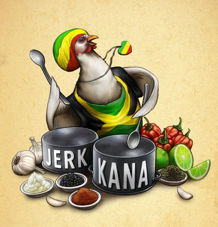 Atria chicken, print ad illustration, jerk chicken recipe